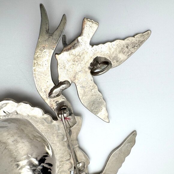 Bird Bow Oval Brooch Pin Pendant Vintage Silver-Toned Silver Plate? - Picture 9 of 10